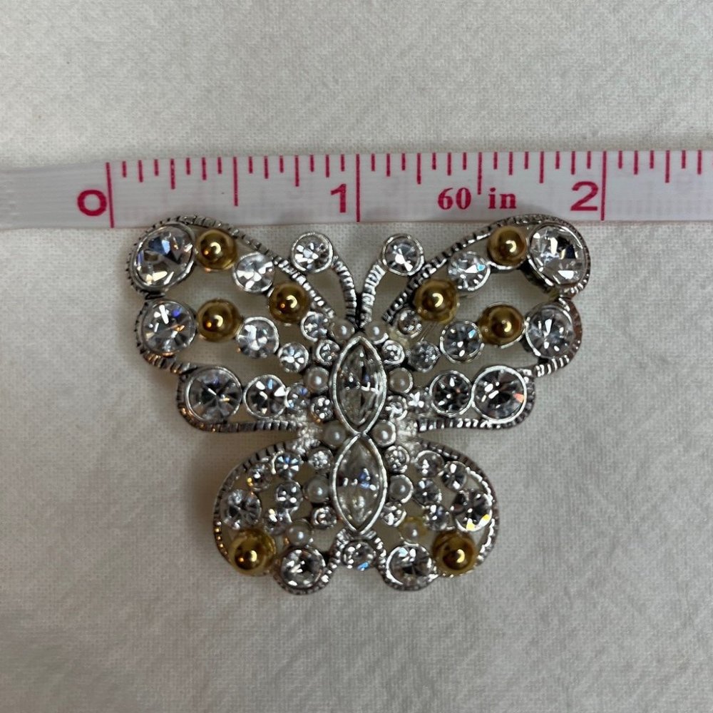 VTG Premier Designs Silver tone Butterfly Brooch with Rhinestones and Gold Beads - Picture 6 of 6